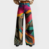 Adéla – Stylové Kalhoty s Širokými Nohavicemi a Grafickým Vzorem