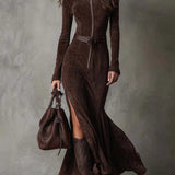 Anna – Dlouhá Hnědá Šaty s Opaskem