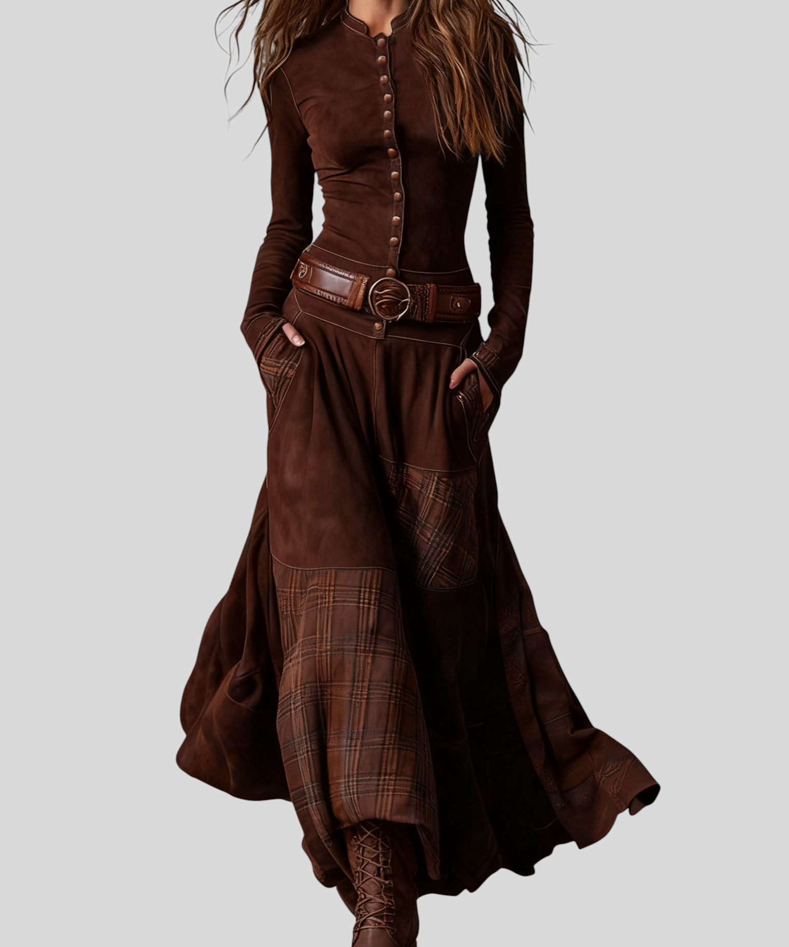 Leonora – Vintage Dlouhé Semišové Šaty S Kostkovaným Vzorem (Včetně Pásku)