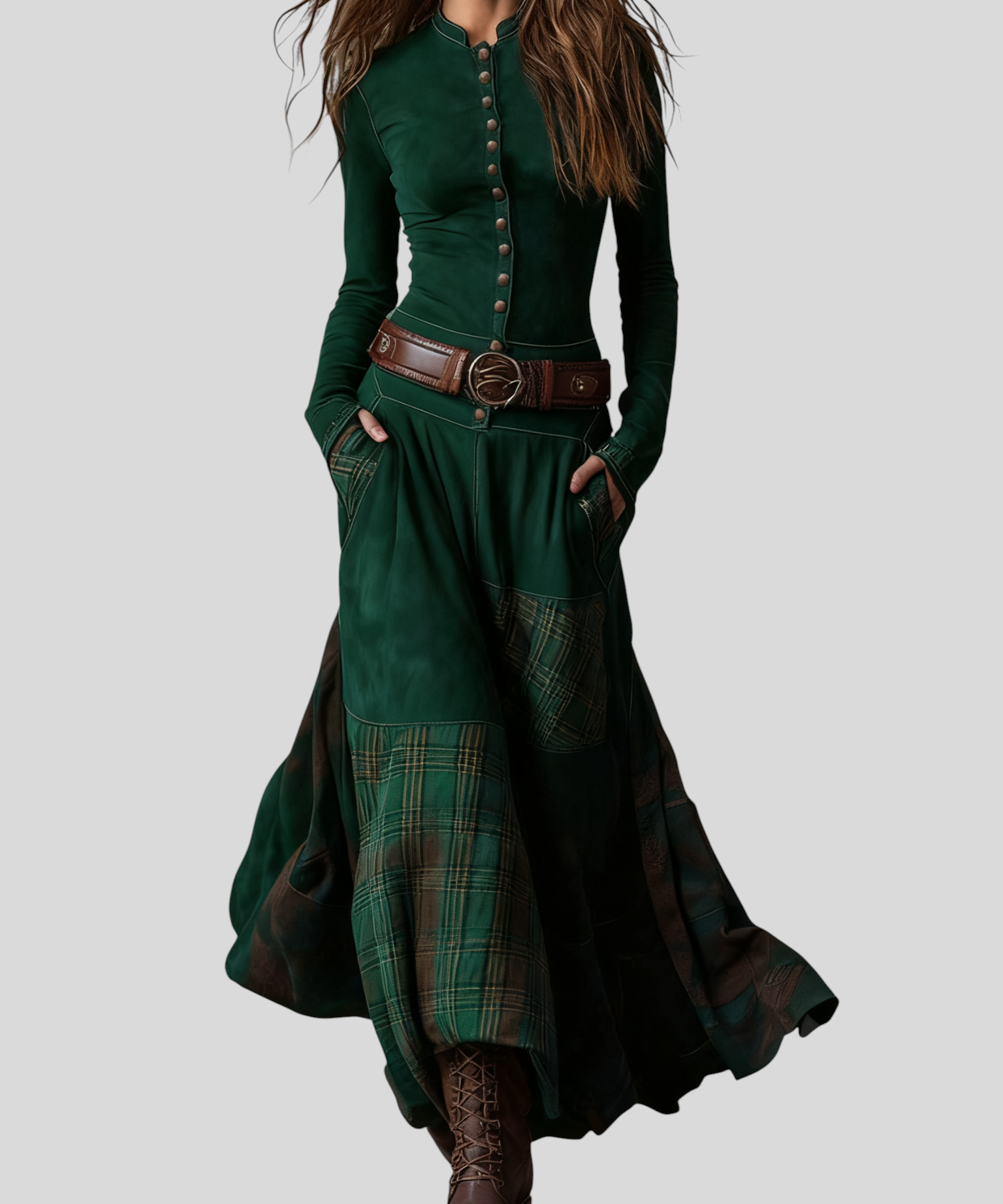 Leonora – Vintage Dlouhé Semišové Šaty S Kostkovaným Vzorem (Včetně Pásku)