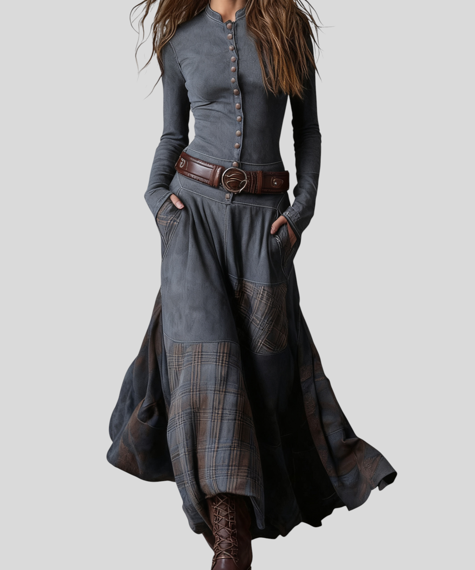 Leonora – Vintage Dlouhé Semišové Šaty S Kostkovaným Vzorem (Včetně Pásku)